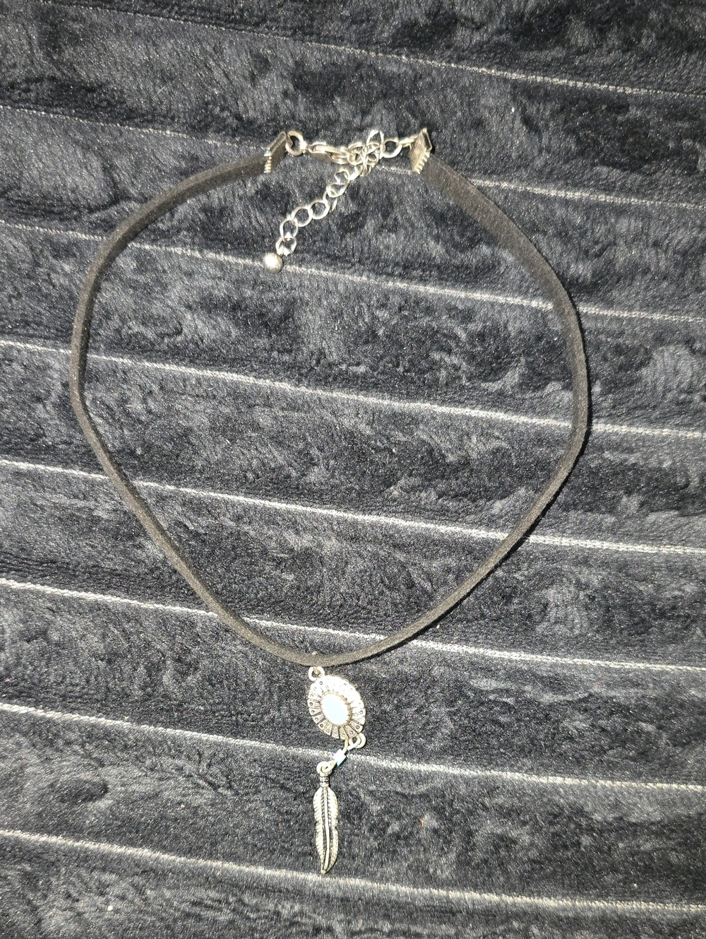 Black Suede Choker Necklace with Silver Feather and Oval Pendant